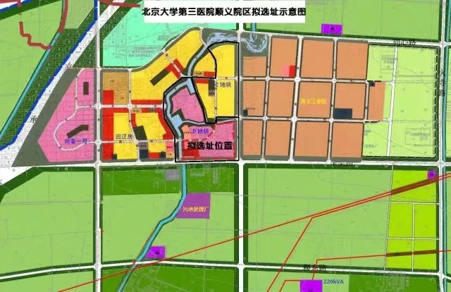 ▲北医三院顺义院区选址示意图。