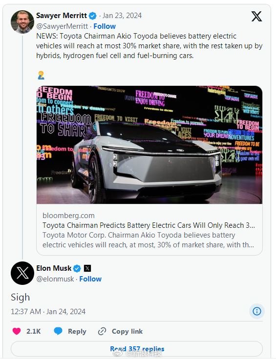 马斯克对丰田董事长言论表示无语丰田高管称纯电车最多达到仅30%市场份额