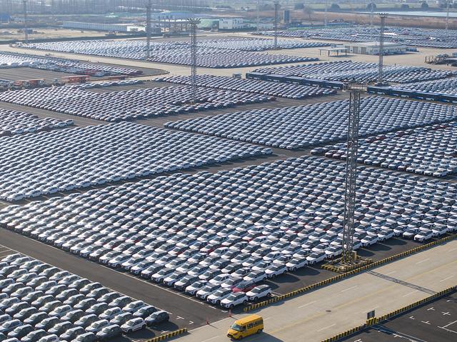 2024年1月24日,江苏太仓港,新能源汽车等待出口。