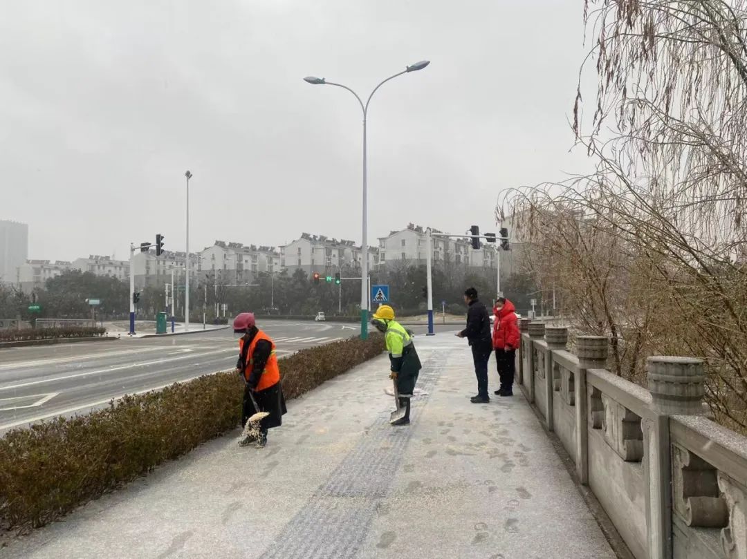 庐城镇组织人员清理积雪,对桥梁、主干道抛洒融雪剂,防止道路结冰。