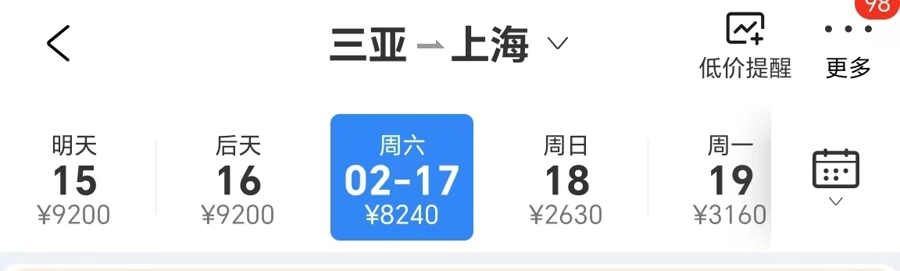 从2月15日至2月18日,三亚飞上海的机票价格不断走低。 均截屏图片