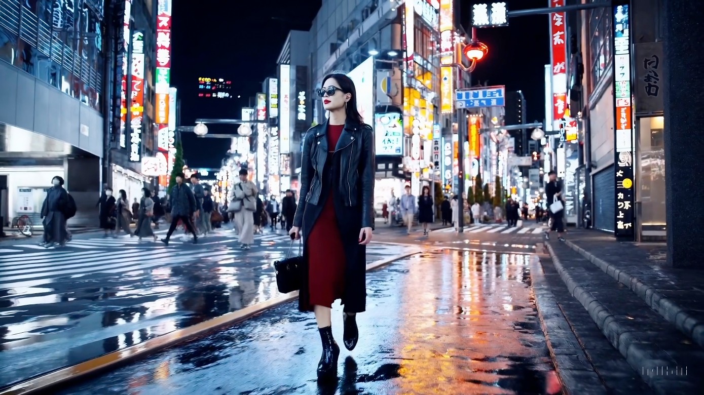 Sora傳播度最高的時長60秒的影片之一，女子行走在東京街頭。來源：Sora