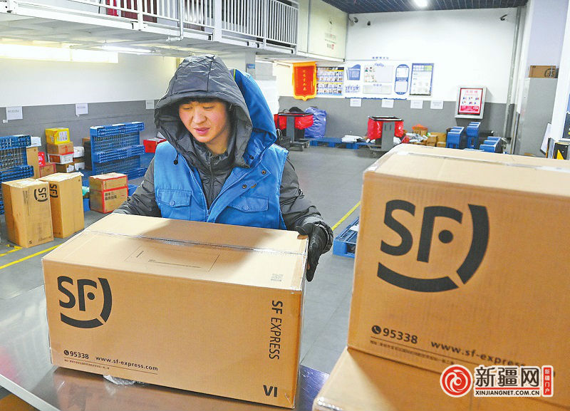 2月19日,在新疆顺丰速运有限公司长春路营业网点,快递员在核对快递信息准备投送。(全媒体记者陈岩摄)