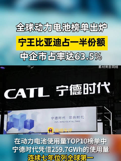 全球动力电池榜单出炉 宁王比亚迪占一半份额 中企市占率达63.5%