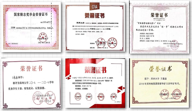 本科期间，王意通获得的荣誉证书