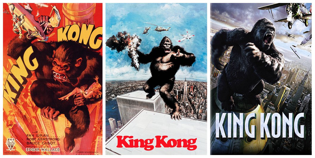 從左至右為1933年《金剛》、1976年《金剛：傳奇重生》和2005年《金剛》的海報。