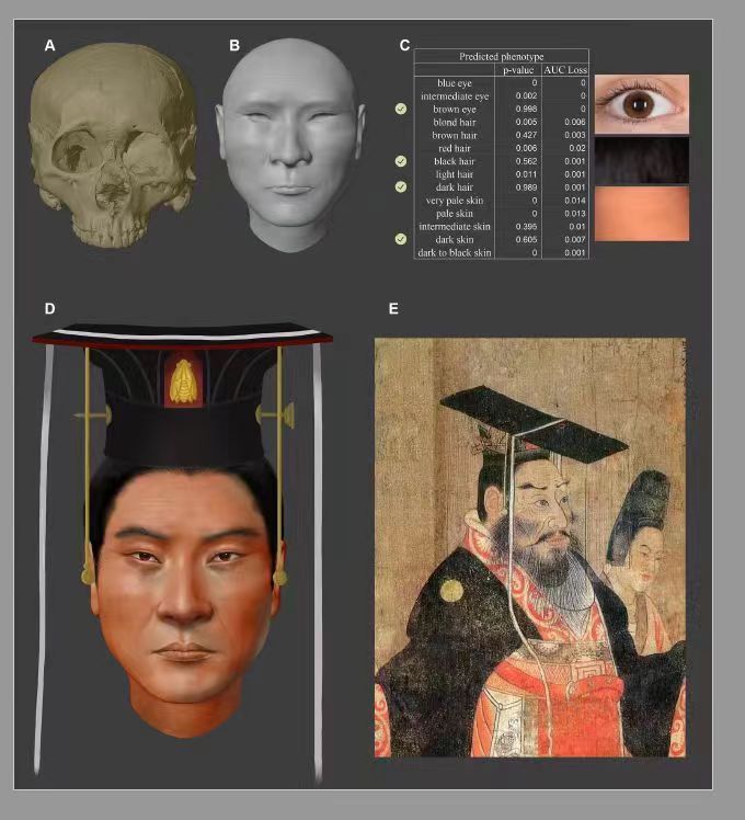 左下圖為北周武帝宇文邕容貌複原圖，右下圖為閻立本繪《曆代帝王圖》中的北周武帝宇文邕。複旦大學科技考古研究院供圖
