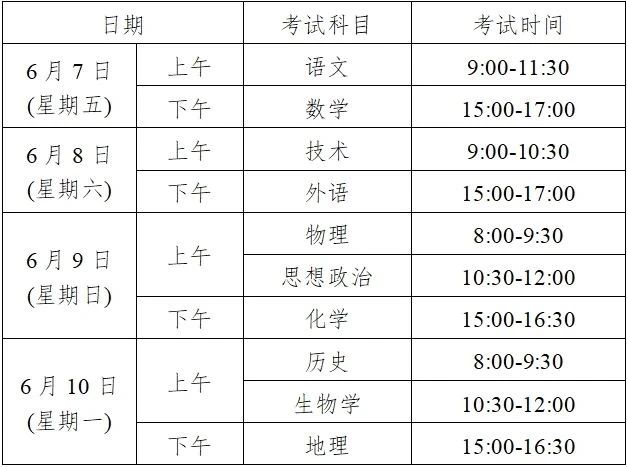 浙江省2024高考時間安排。 圖/浙江省教育廳微信公眾號