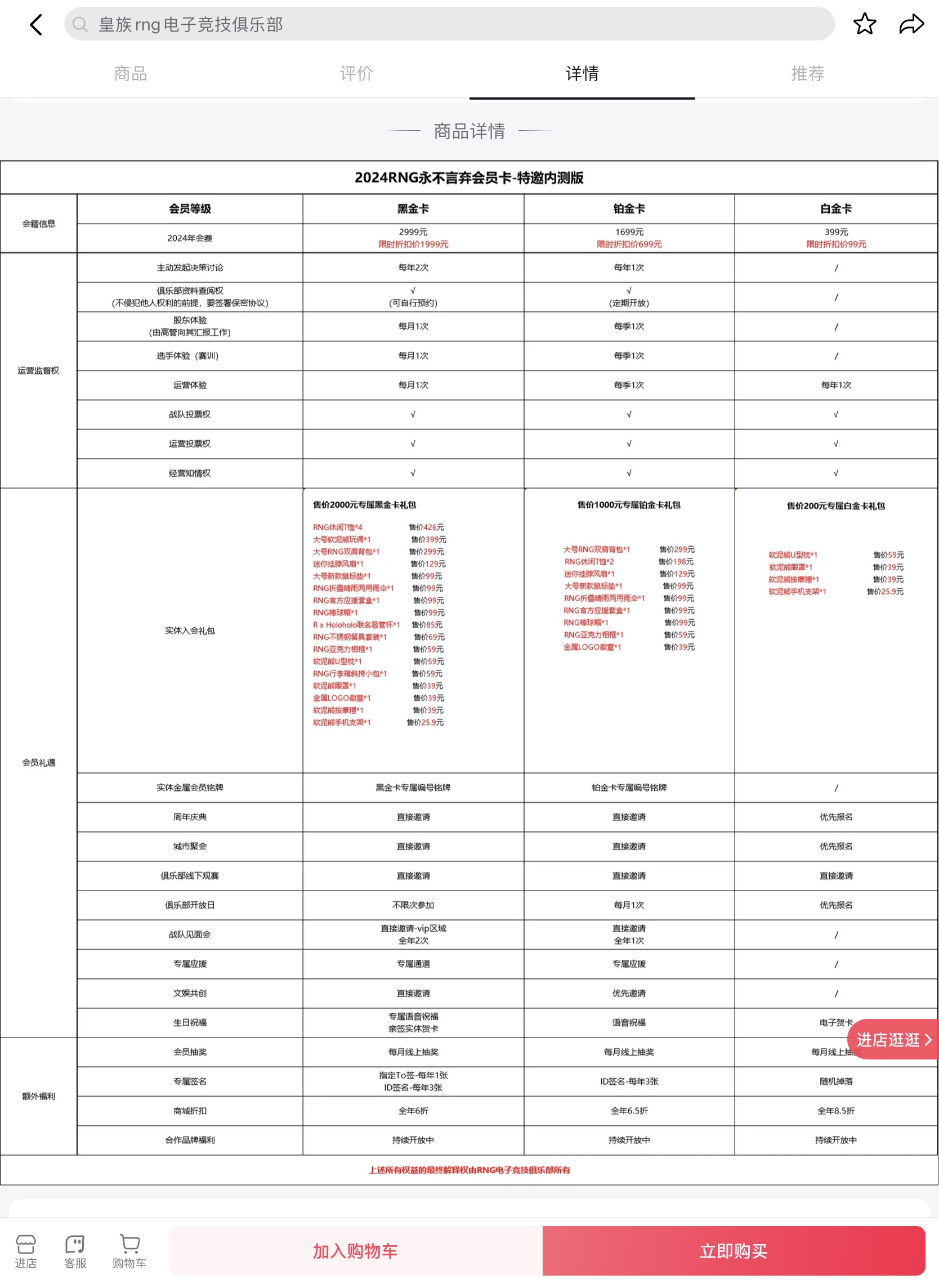 RNG會員卡內測版公佈的各項權益。 網絡截圖