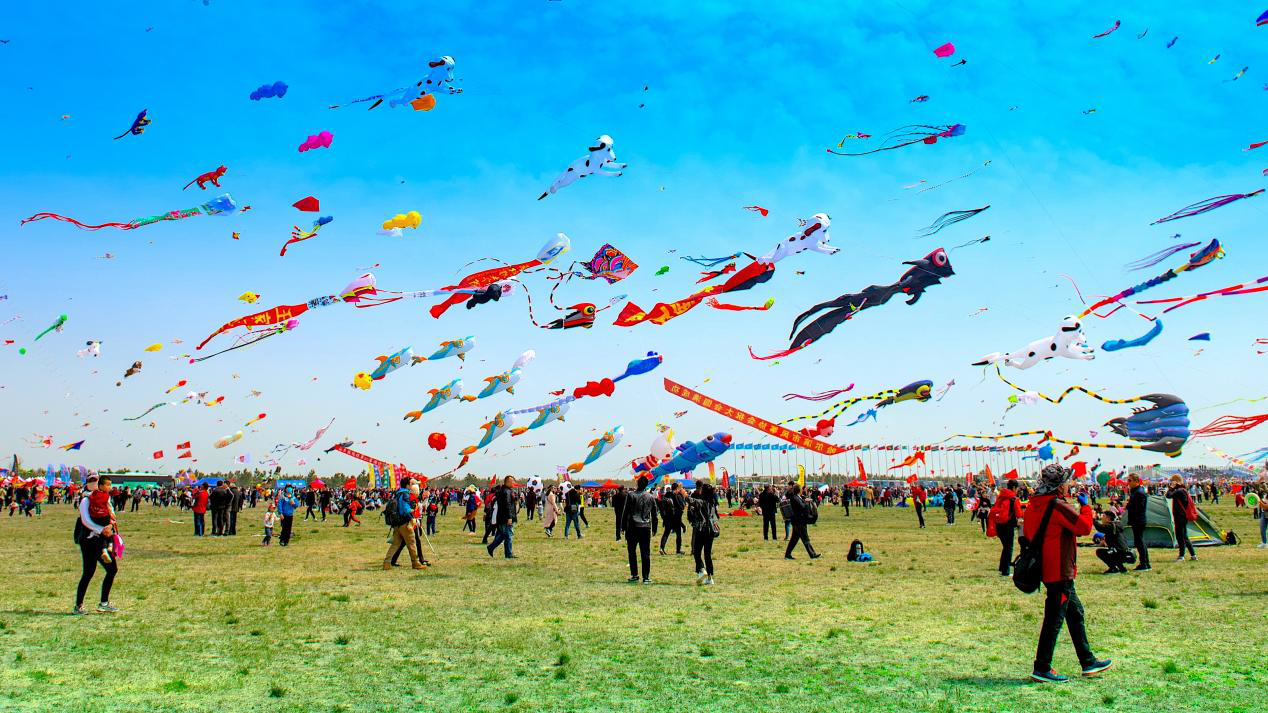 濰坊國際風箏會現場，人們放飛各式各樣的風箏。受訪者供圖