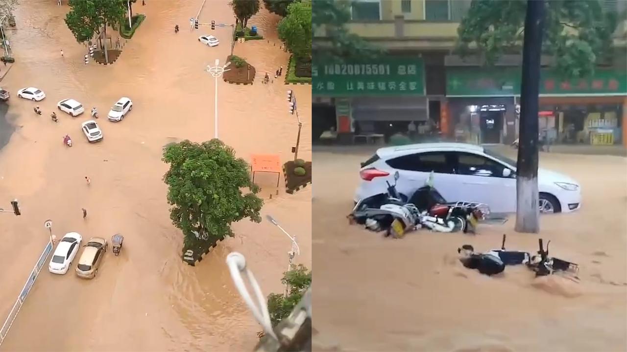 肇庆广宁遭强降水致内涝水流湍急 居民：水深半米，摩托车被冲走