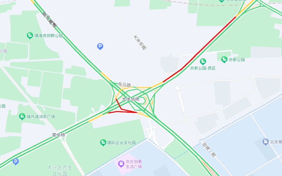 大羊坊立交、五環主路交通運行狀況(工作日早8:30截圖)。圖/