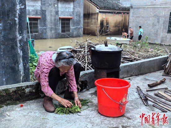     4月22日，廣東英德，被洪水圍困的老人在路邊擇菜，準備晚飯。中青報·中青網記者 魏晞/攝