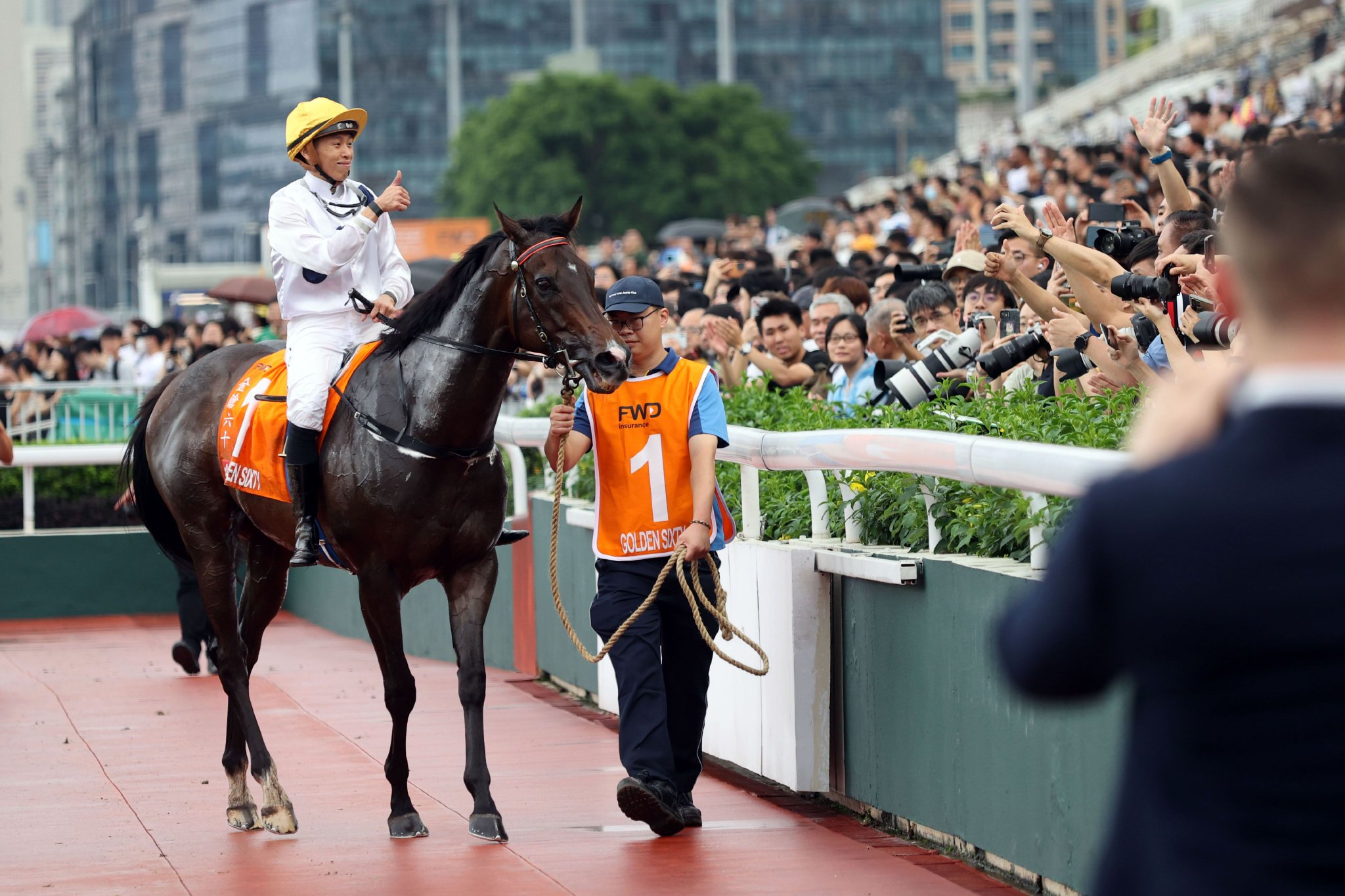 三屆香港馬王「金鎗六十」在騎師何澤堯策騎下，接受一眾馬迷致敬。 香港賽馬會供圖