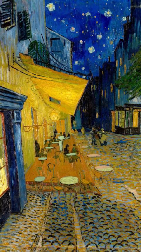 行走在梵高的夜间咖啡馆的露台 夜晚比白天更具色彩， 在最强烈的紫罗兰…