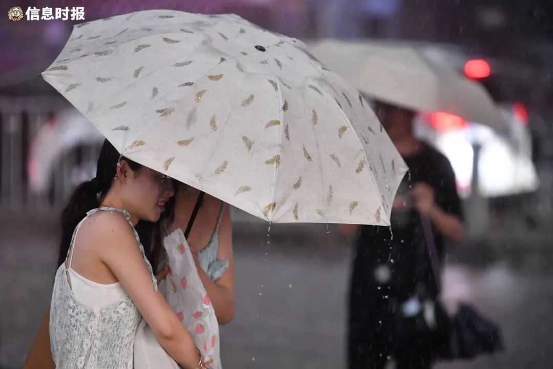  4月27日傍晚，海珠區寶崗大道，兩名女生撐傘擋雨。信息時報記者 胡瀛斌 攝