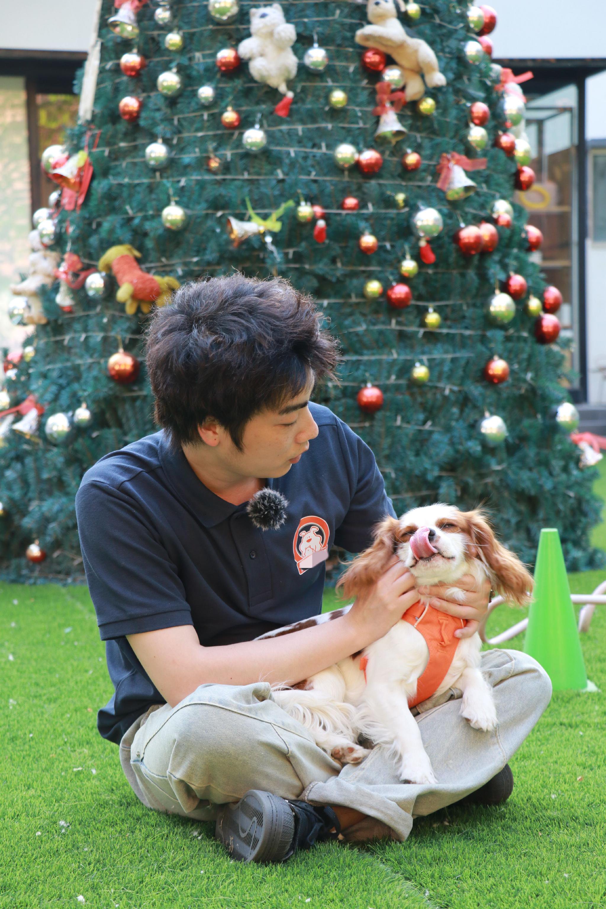 陳浩然和寵物酒店的狗狗「王子」。新京報記者 景如月 攝
