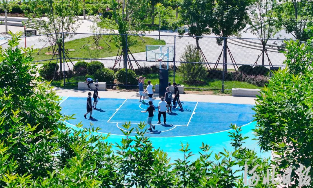 5月12日,在石家庄市长安区的拾光智慧体育公园,市民在打篮球。河北日报记者史晟全摄