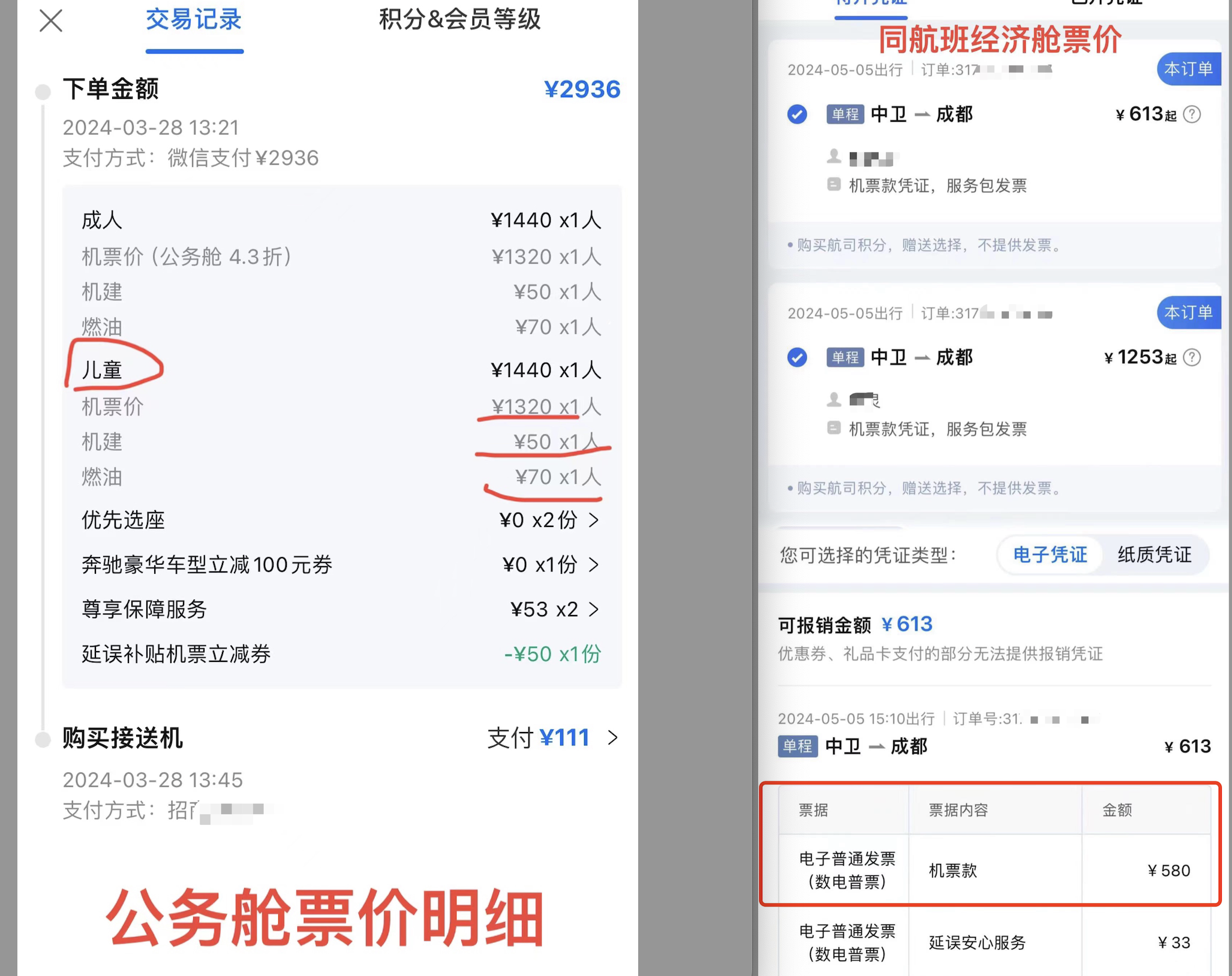 公务舱和经济舱实际票价对比,儿童票相差860元。