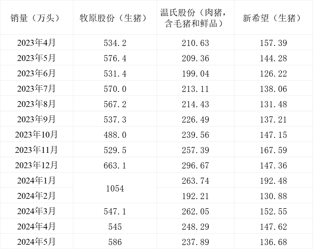 三大上市猪企销量情况。制表 澎湃新闻