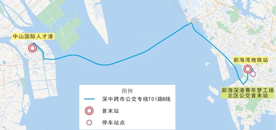 深中跨市公交专线T01路B线走向示意图