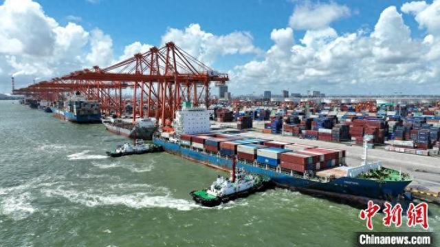 7月9日,西部陆海新通道北部湾港至新加坡新增公共班轮在广西北部湾港钦州港区正式启动。刘付镭 摄