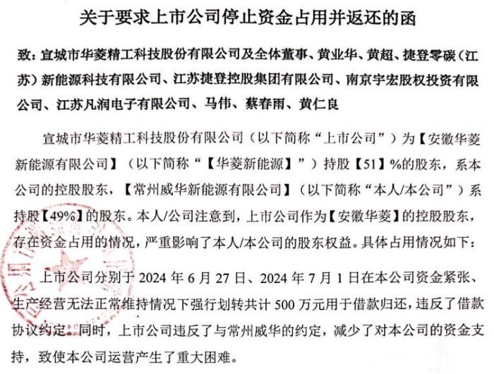 图片来源:华菱新能源《关于要求上市公司停止资金占用并返还的函》截图