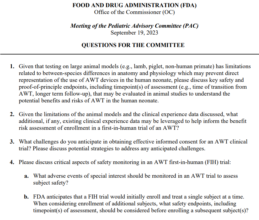 FDA 对委员会提出的问题