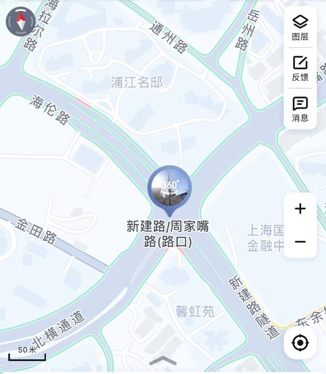 北横通道新建路出入口附近道路密集,东西向有周家嘴路、海拉尔路,南北向有海伦路、通州路。 地图截图