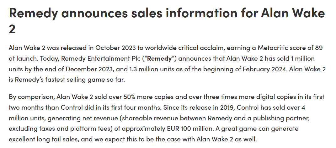 卖了130万份,发售快一年的《心灵杀手2》,依然还没回本