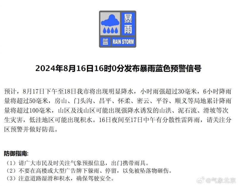 北京今天傍晚到夜间阴有中雨，局地暴雨，并伴有雷电