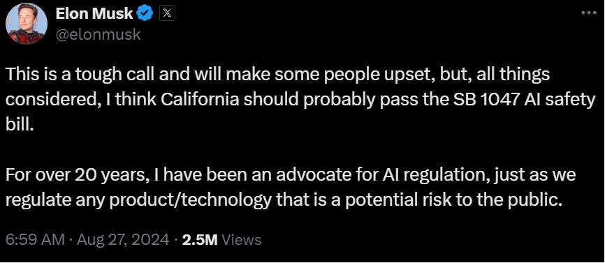 Elon Musk发声支持加州人工智能安全法案SB 1047