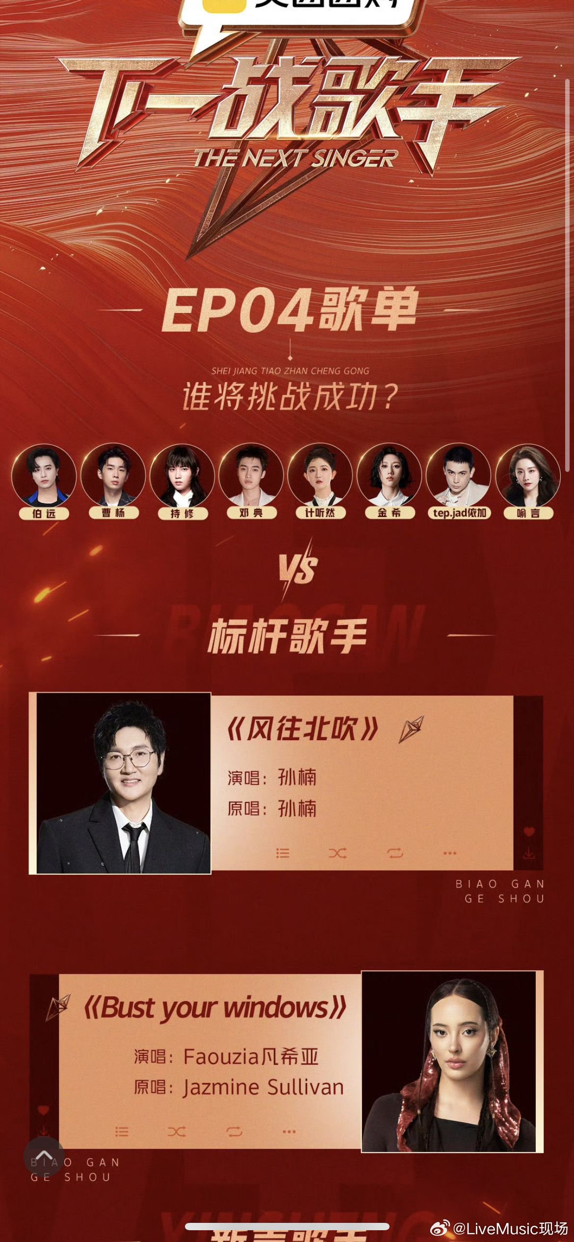 《下一战歌手》本期歌单 孙楠《风往北吹》 Faouzia《Bust Your Windows》歌单孙楠风往北吹_新浪新闻