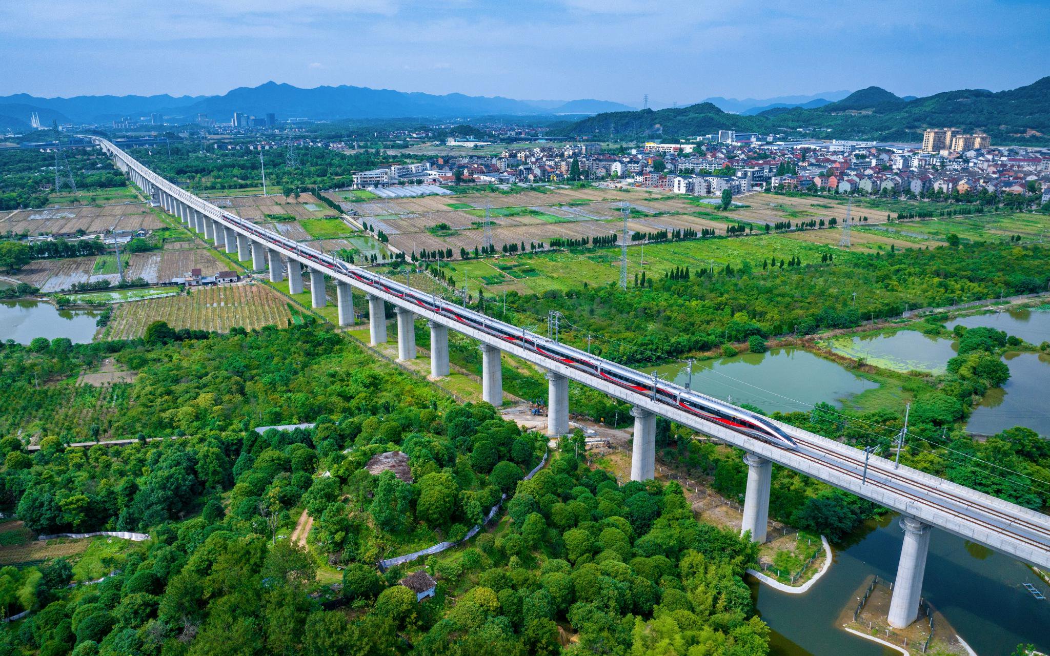杭溫高鐵列車行駛在「跨杭黃鐵路特大橋」。中國鐵路上海局集團有限公司供圖