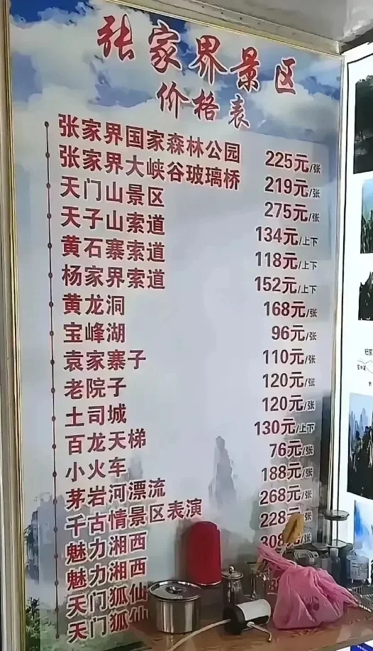 張家界景區價格表。圖/社交平台