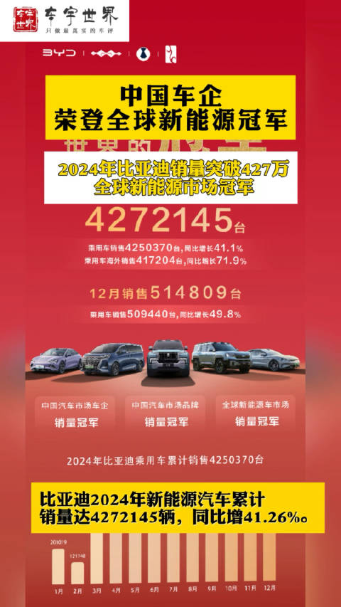 比亚迪2024年新能源汽车累计销量全球第一