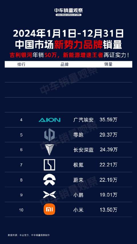 2024年1月1日-12月31日中国市场新势力品牌销量