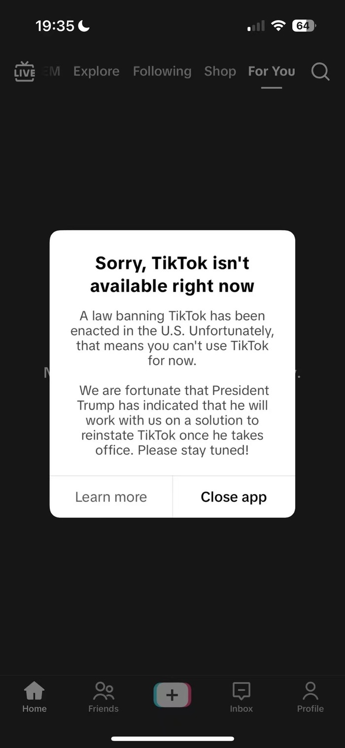 TikTok停止在美服务,称特朗普表示上任后将共同寻求恢复其使用 第1张 TikTok停止在美服务,称特朗普表示上任后将共同寻求恢复其使用 第1张