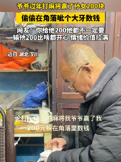 爷爷过年打麻将赢了孙女200块偷着乐