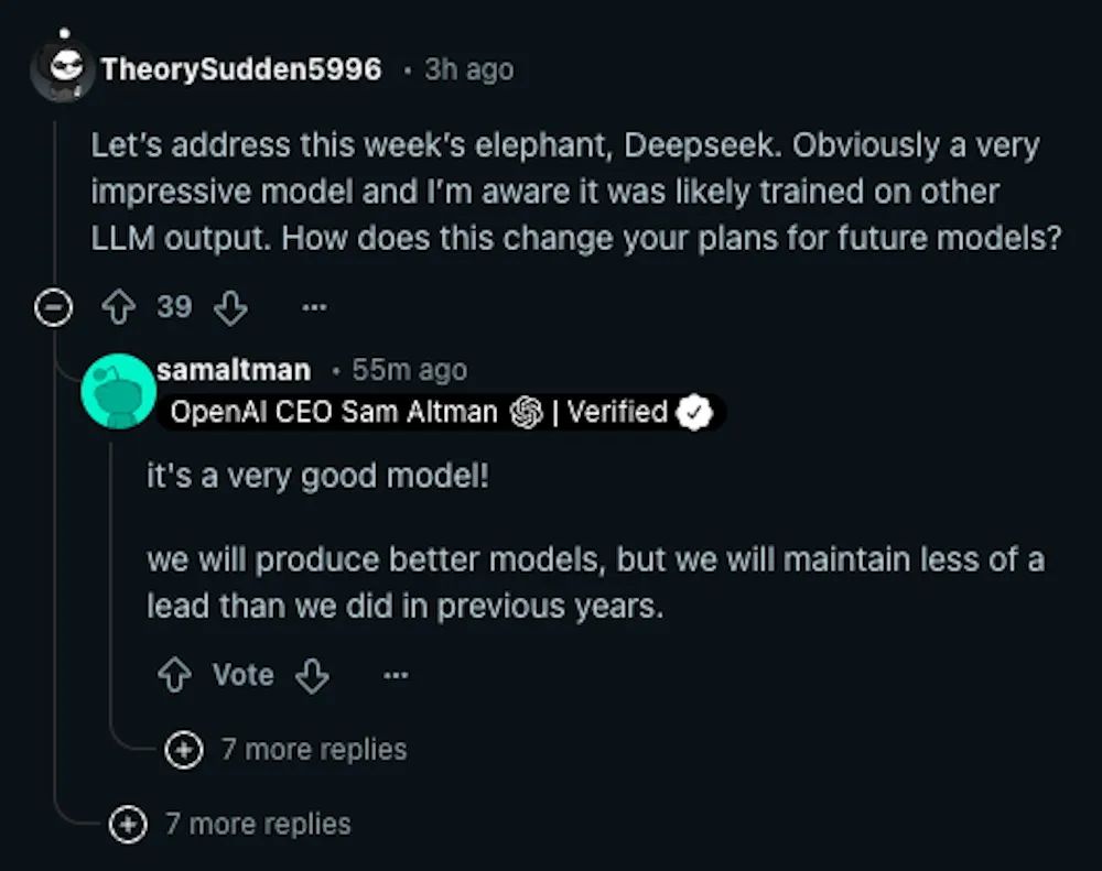 奥特曼回复网民提问时,称赞DeepSeek Reddit截图