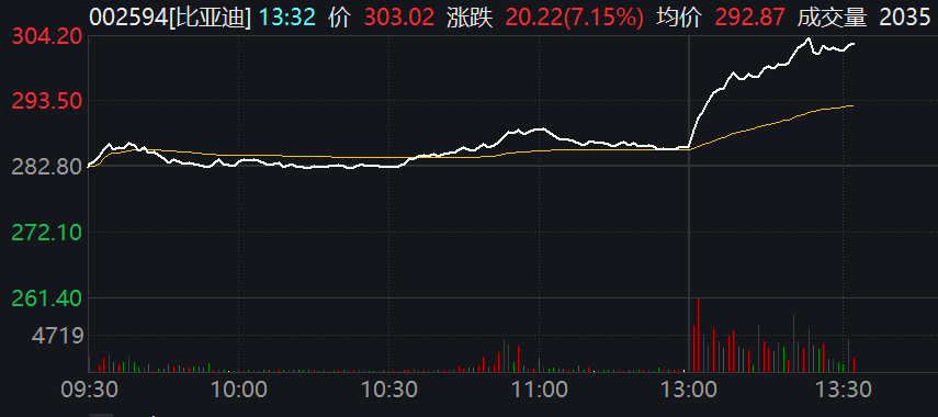 比亚迪午后大涨超7%,股价重回300元
