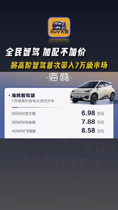 加配不加价，比亚迪海鸥将高阶智驾首次带入7万级市场！