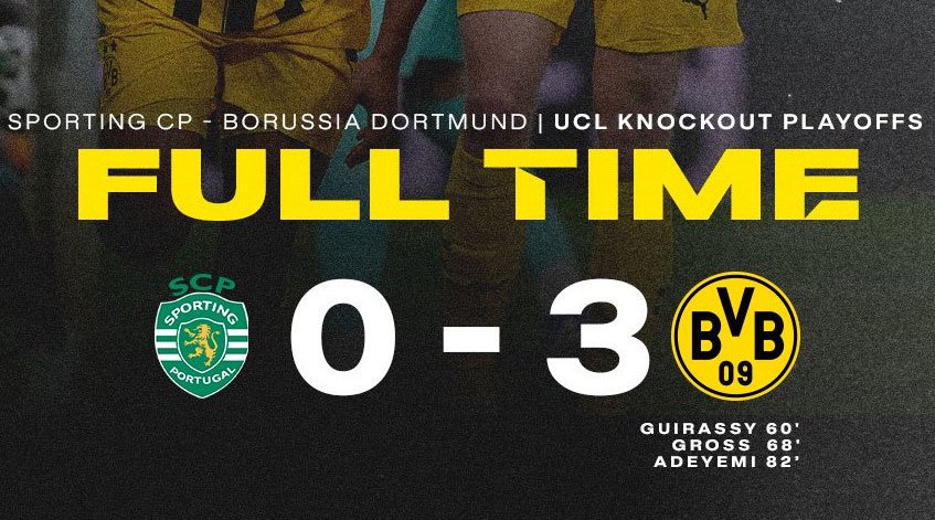 欧冠16强附加赛首回合，大黄蜂在下半时由吉拉西、格罗斯和阿德耶米各进一球…