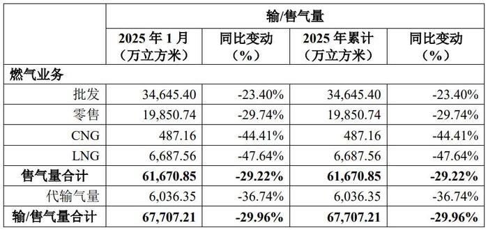 新天绿能2025年1月输/售气量 图源:公司公告