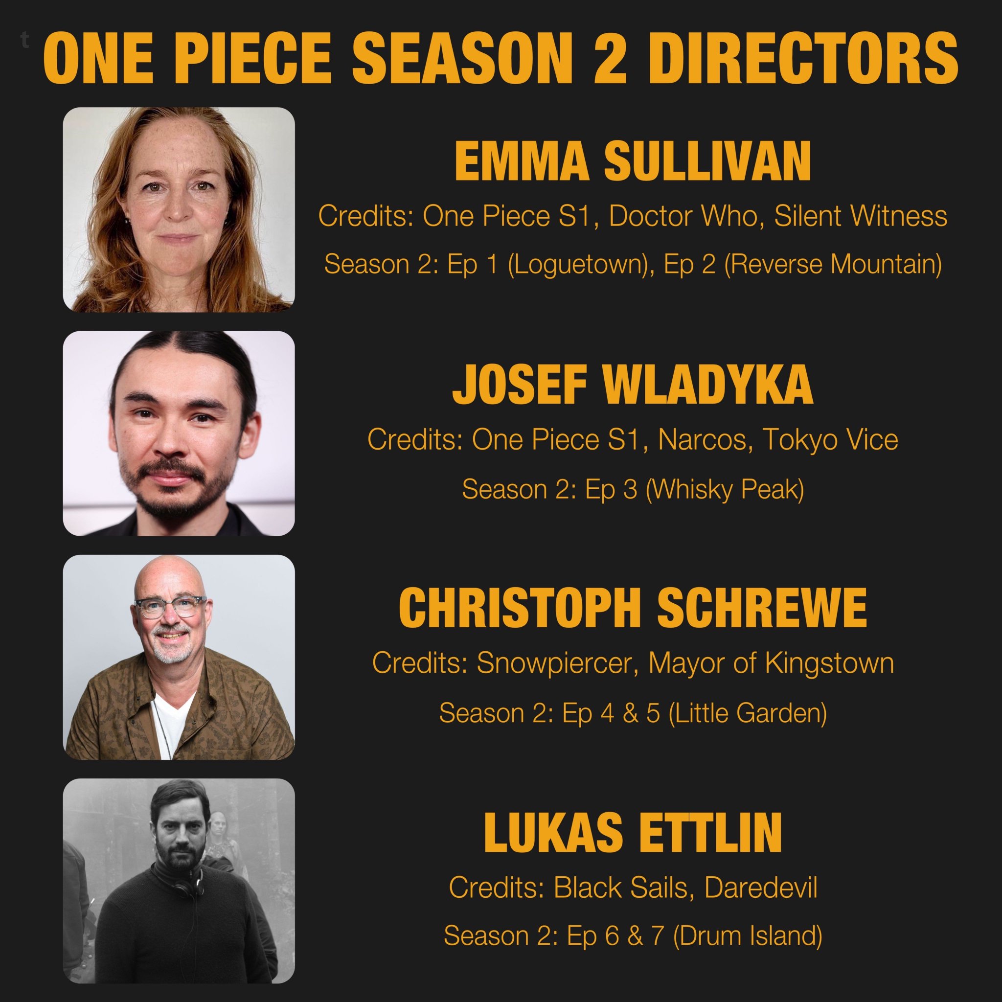 1~7集导演确认， 他们分别执导过《神秘博士》、《海贼王真人版》第1季、《雪国列车》