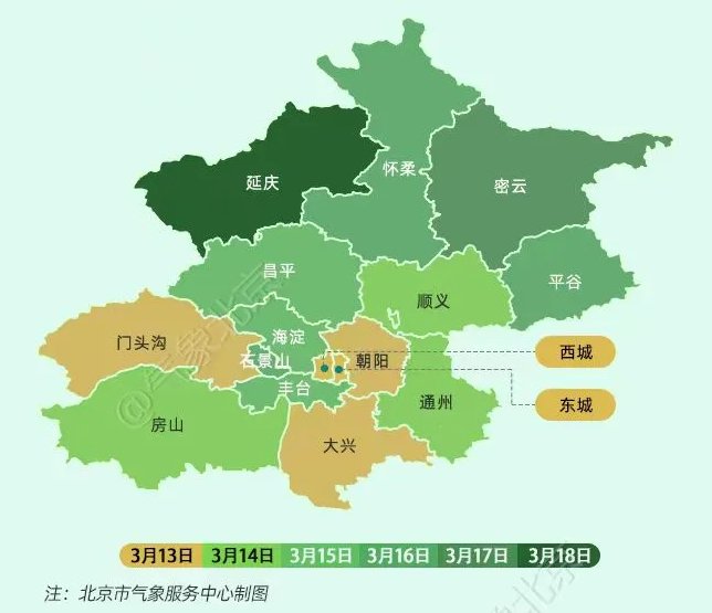 楊柳科花粉高峰期預報地圖。圖/北京市氣象服務中心