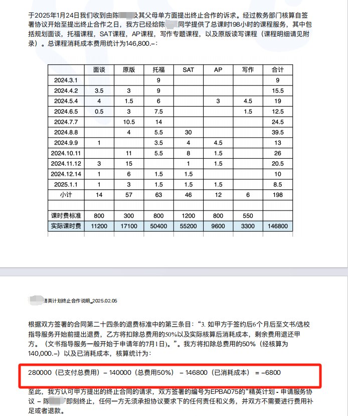 樂載浩洋教育科技(北京)有限公司出具的與陳女士終止合作的說明。受訪者供圖