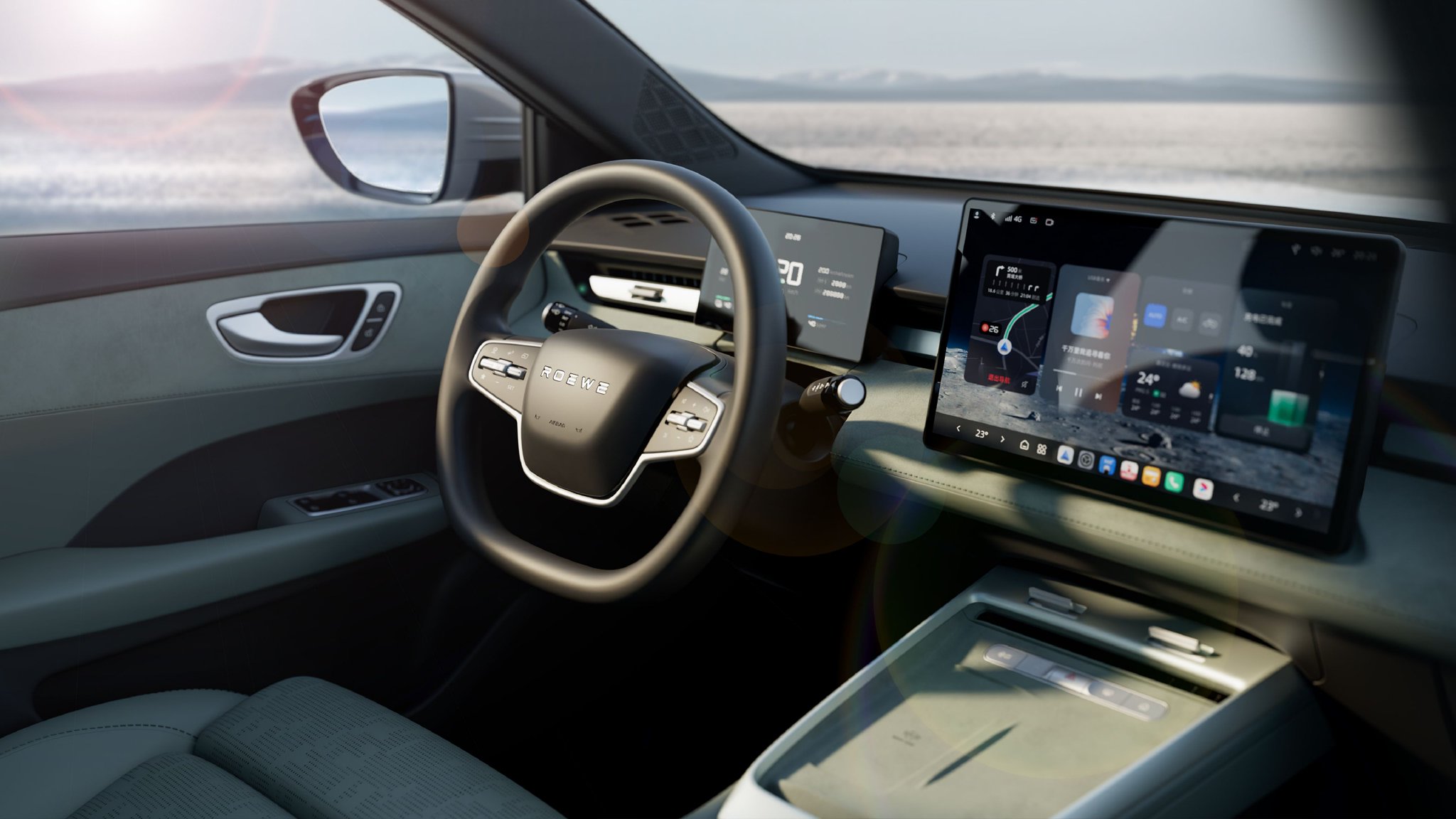 先看看荣威D6内饰 是怀档设计，中控台双手机位，主驾给了50W无线