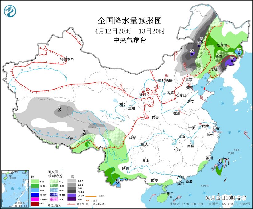 圖4 全國降水量預報圖(4月12日20時-13日20時)