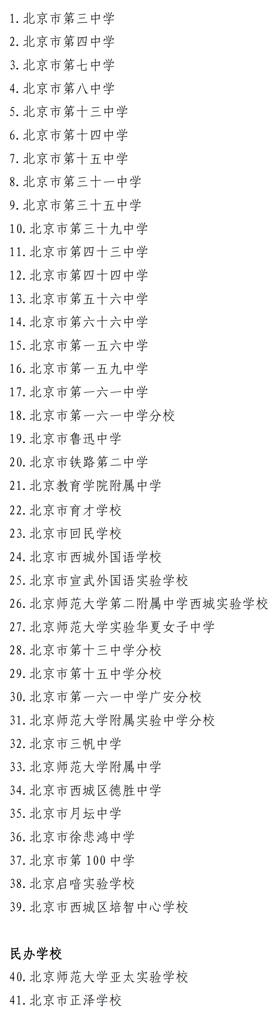 西城區2025年初中入學有招生資質學校名單。圖/北京市西城區教育考試中心